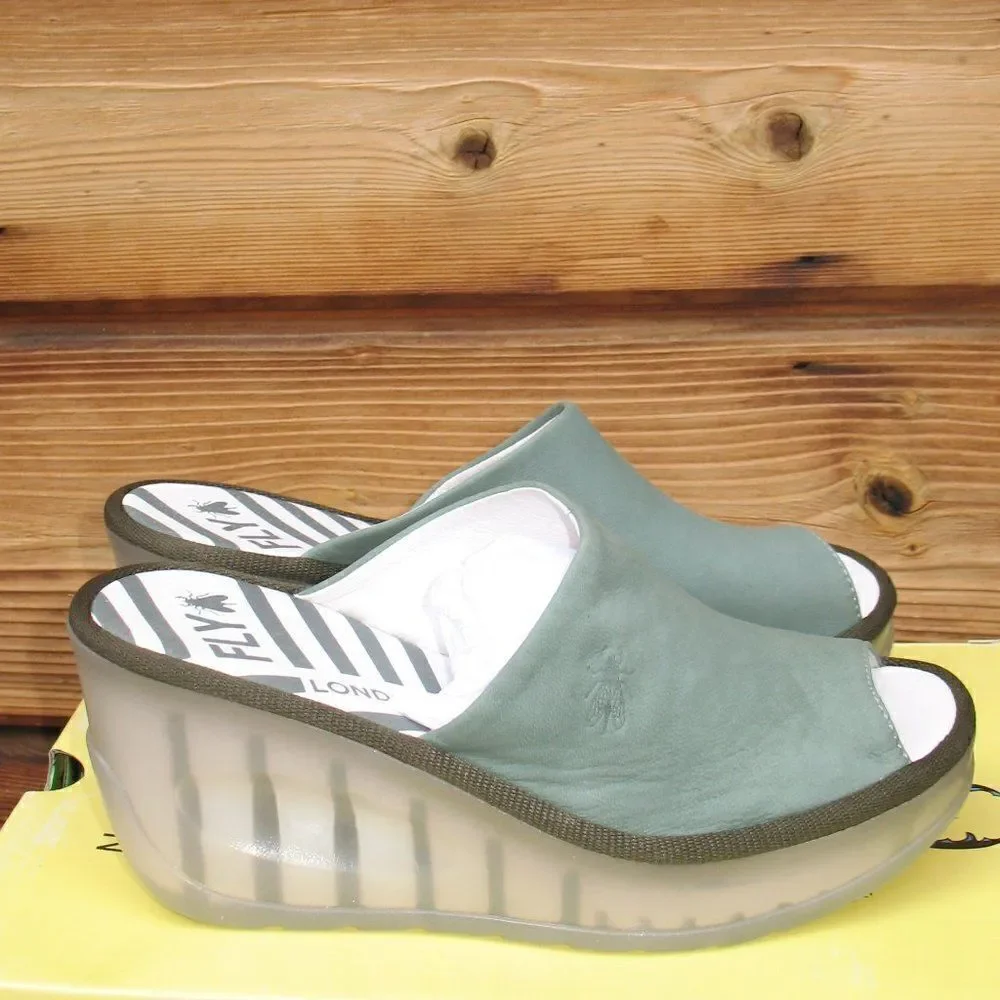 NWT Fly London Jade Green Wedge Slides